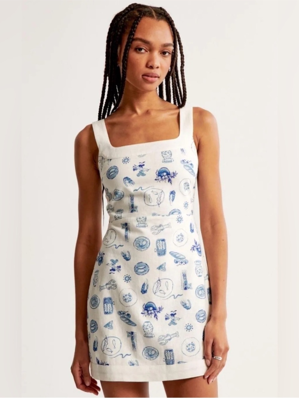 Abercrombie Linen Blend Wide Strap Square Neck Mini Dress with Nautical Print - Picture 2 of 10